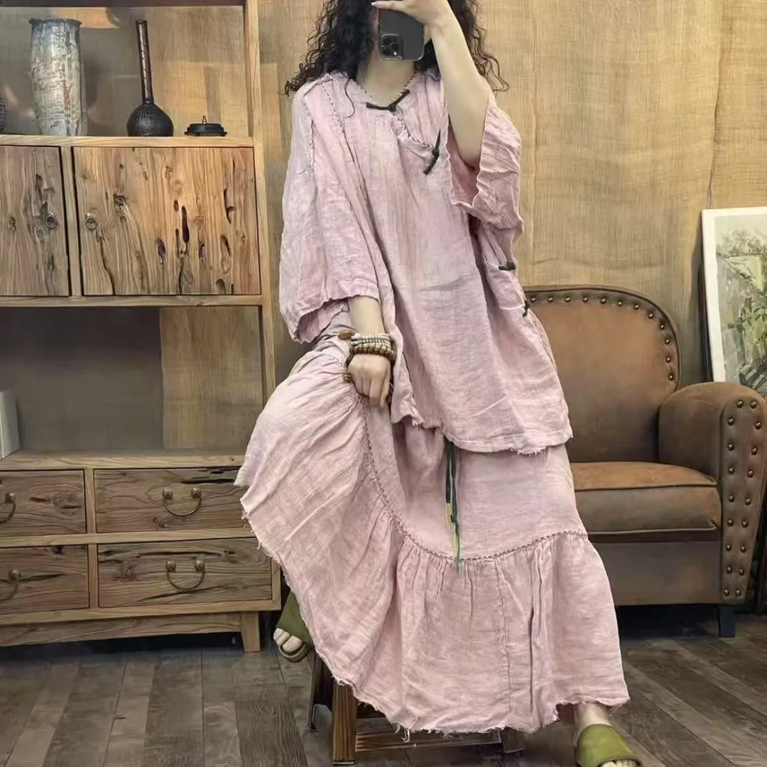 007 8737 套装夏季新品亚麻复古文艺女上衣 胸围144长77 裙子长86