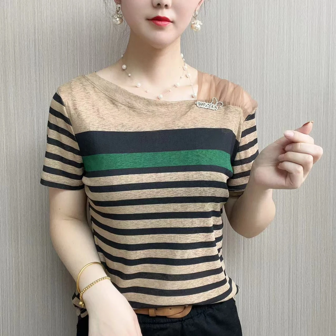 2025新款夏季时尚条纹短袖T恤网纱拼接百搭显瘦气质洋气上衣爆款