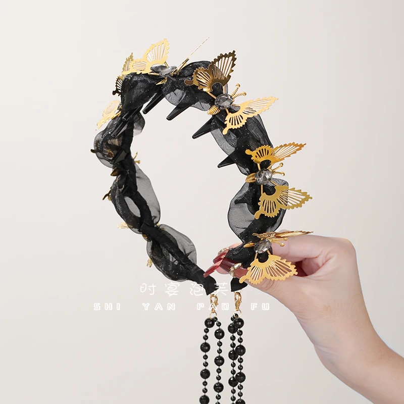 子夜归发箍秋季新款蝴蝶可拆卸流苏压发箍百搭增高颅顶神器发饰女