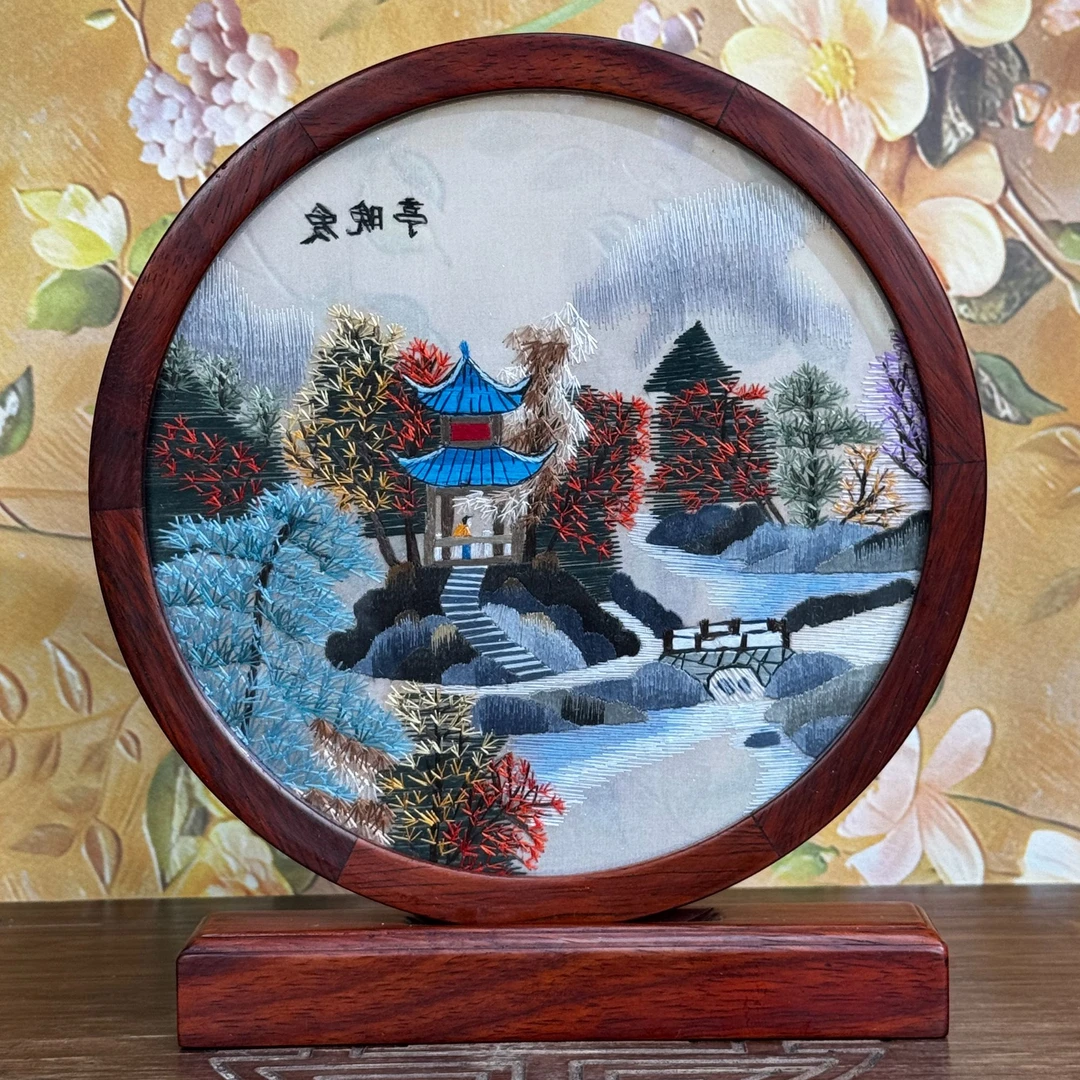 手绣双面绣古风苏绣亭晚山山水图刺绣精美款式摆件礼品