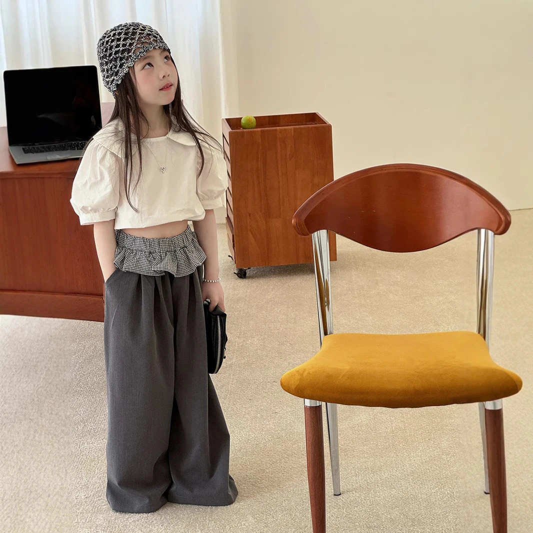 女童夏季甜美娃娃领衬衫泡泡袖设计感衬衣格子荷叶边宽松休闲裤