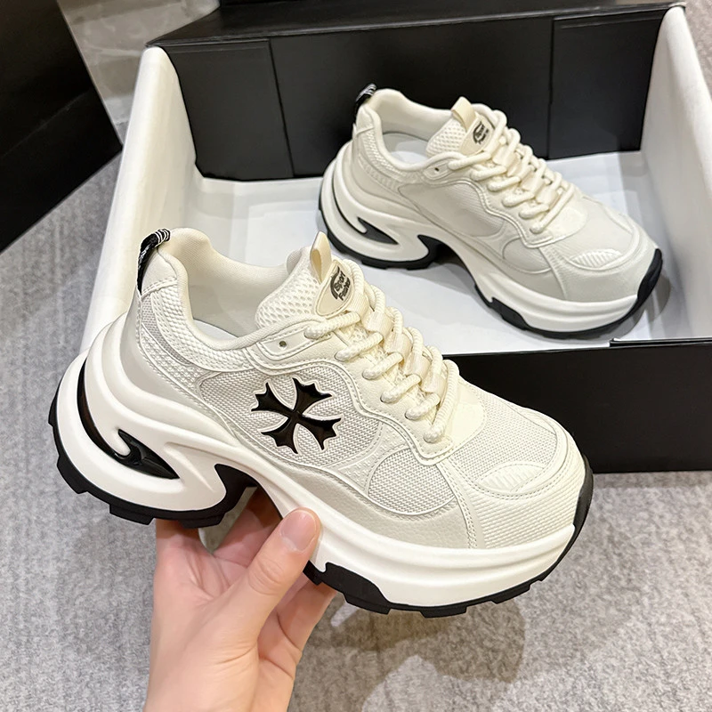厚底老爹鞋女2025新款夏季网面透气增高小白鞋百搭休闲运动跑步鞋