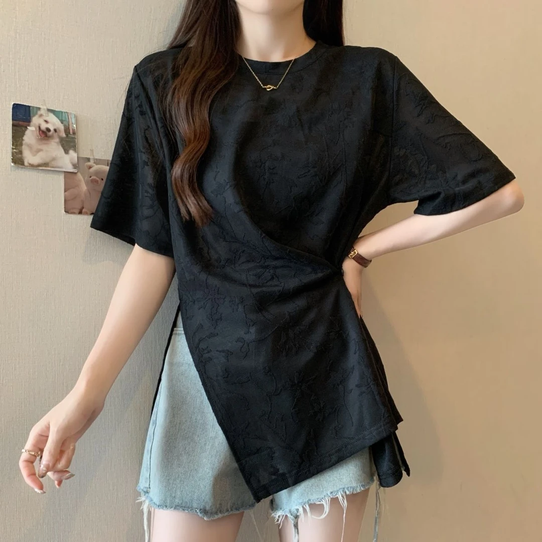 大码提花设计斜扣开叉短袖t恤女2025夏季新款宽松遮肉显瘦上衣女