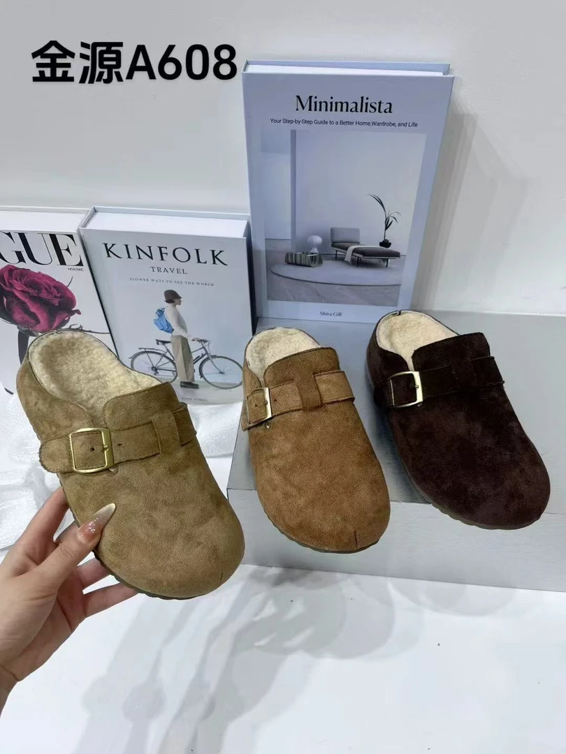 个性风修面皮皮带扣极简风包头拖棉半拖加绒秋冬冬季百搭保暖复古