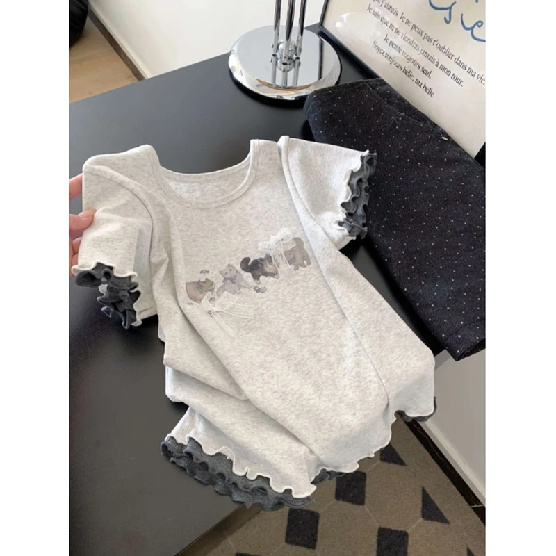 【清】大码设计感印花短袖T恤装夏季圆领体恤减龄胖MM显瘦上衣-7052