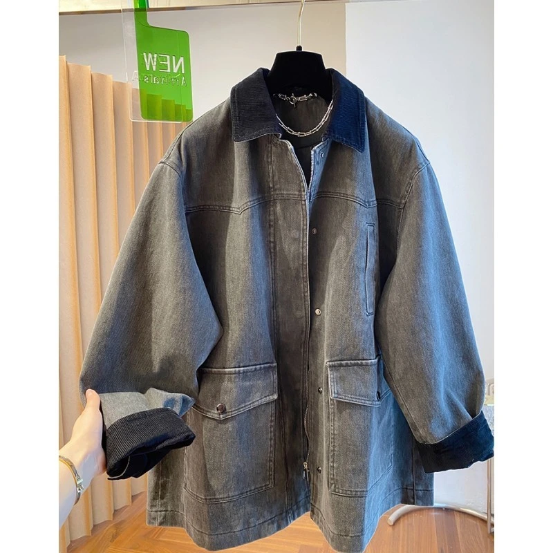 2025春季新款韩国东大门拼接深色牛仔长袖外套女翻领中长款上衣女