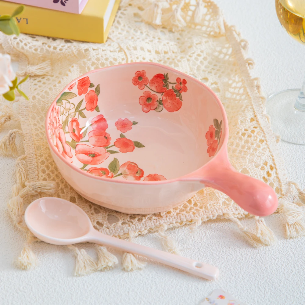 【沐沐】家用陶瓷餐具美二烧釉下彩彩虹系列石头纹异形手柄碗带勺子