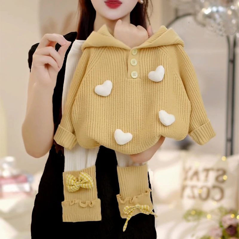 女童毛衣套装2025秋季新款小女孩立体爱心连帽针织衫打底裤两件套