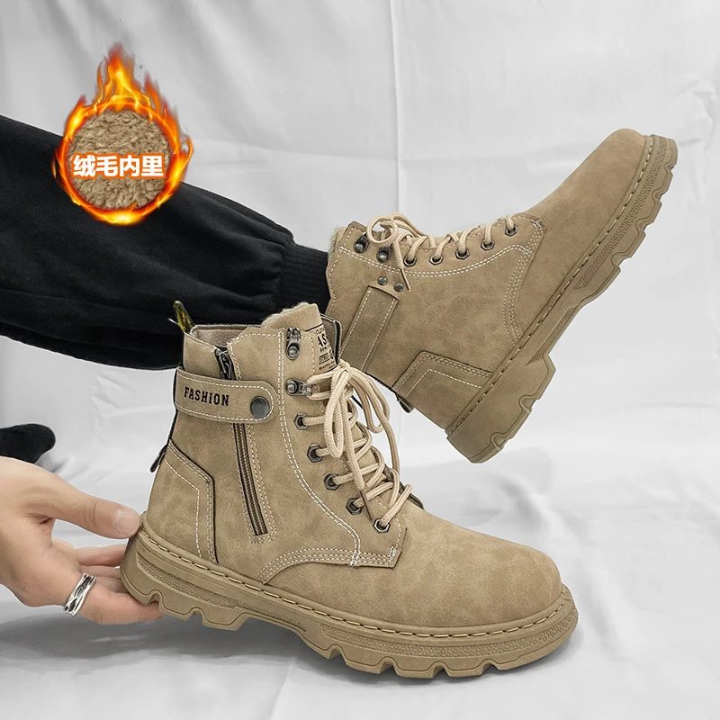 加绒简约经典搭扣马丁靴保暖2025个性侧拉链工装鞋秋冬季复古男鞋