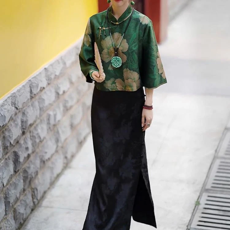 轻奢杭州香云纱真丝七分袖上衣女2025春夏季新款印花衬衫+旗袍半