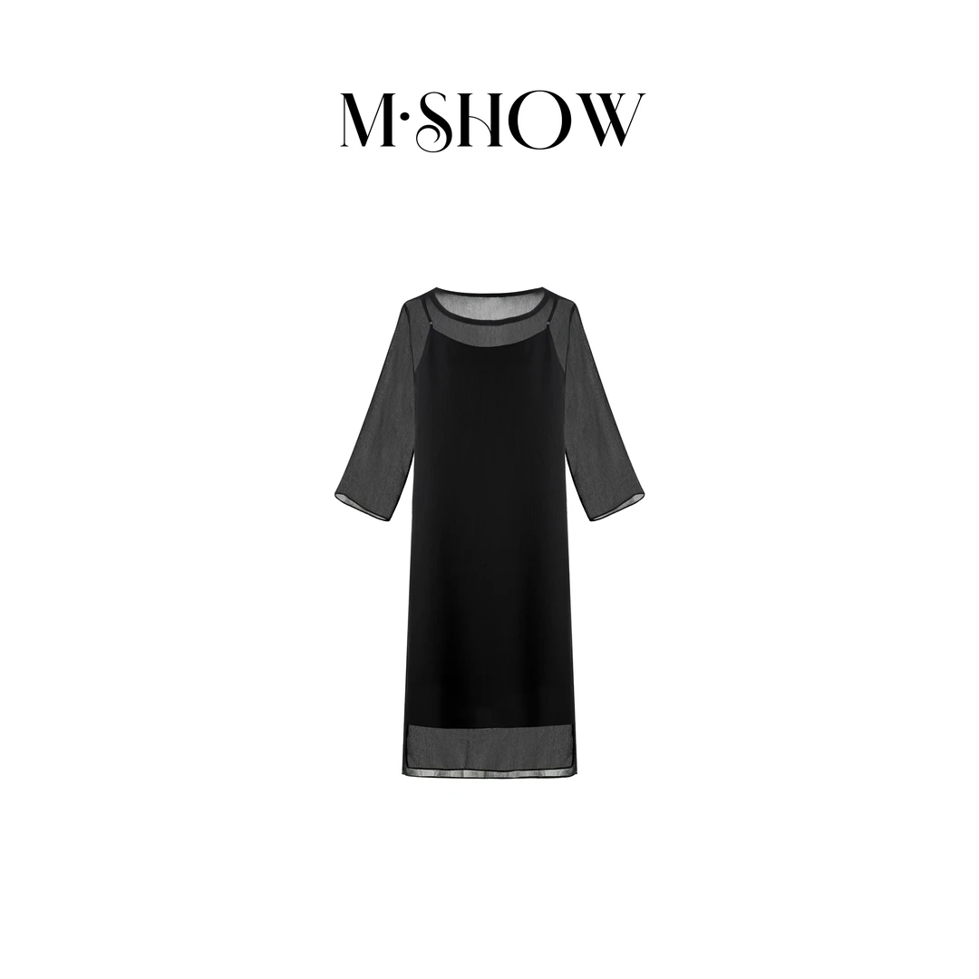 【墨秀丝绸】100%桑蚕丝12姆米顺纡乔其圆领真丝套装连衣裙5176L