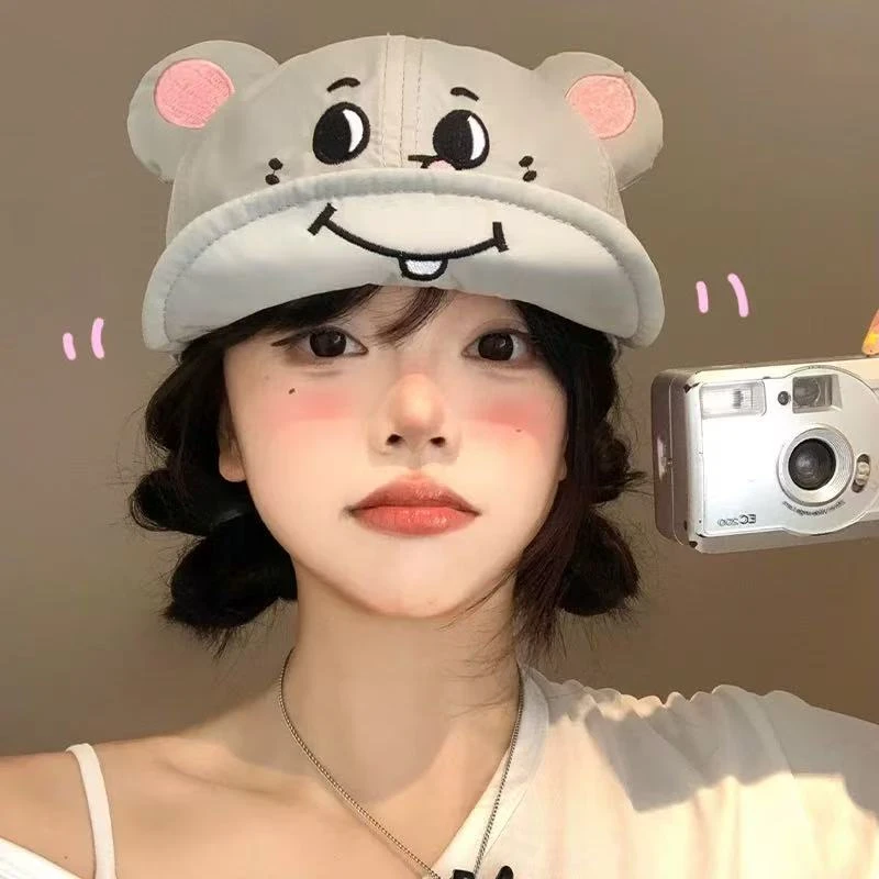 可爱灰耗子大老鼠耳朵翻檐鸭舌帽女春夏搞怪卡通透气百搭棒球帽LQ