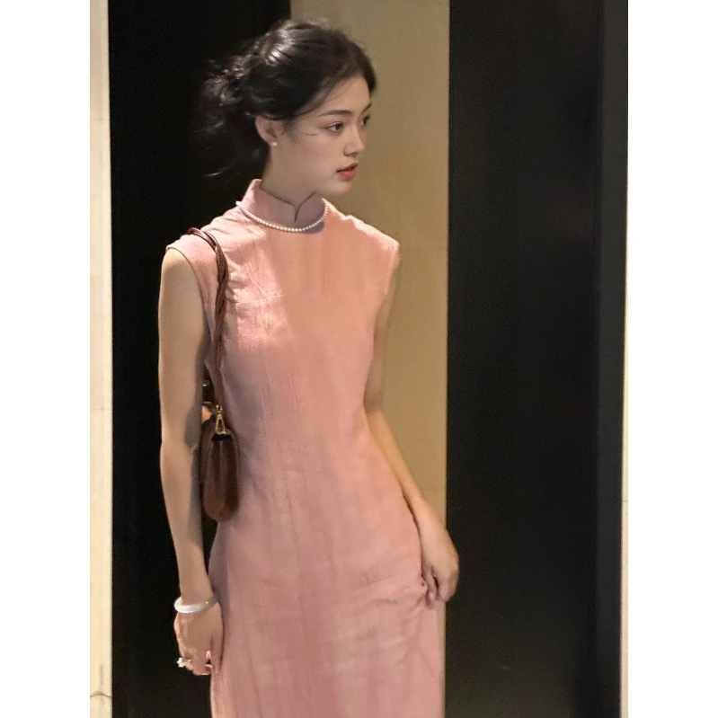 粉色晕染国风改良修身新中式无袖长款旗袍收腰夏季新款气质长裙