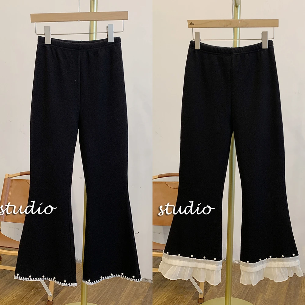 珍珠裤C2972加绒钉珠荷叶边松紧腰喇叭裤