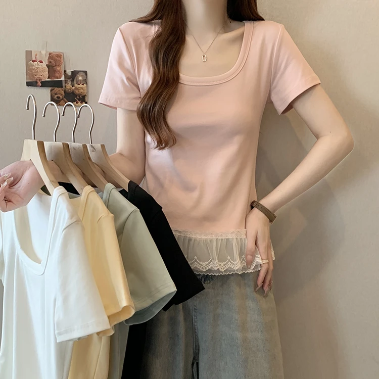 2025夏新款胖mm大码女装时尚减龄蕾丝花边上衣短袖别致T恤