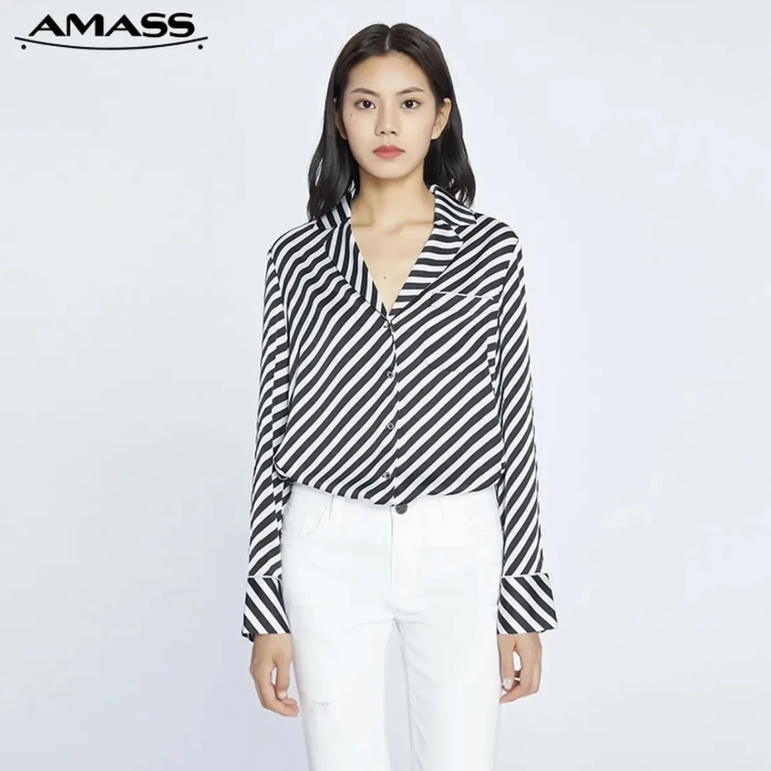 阿玛施 轻职场新款V领老爹衬衫5300594长袖女阿玛施蓝色衬衫