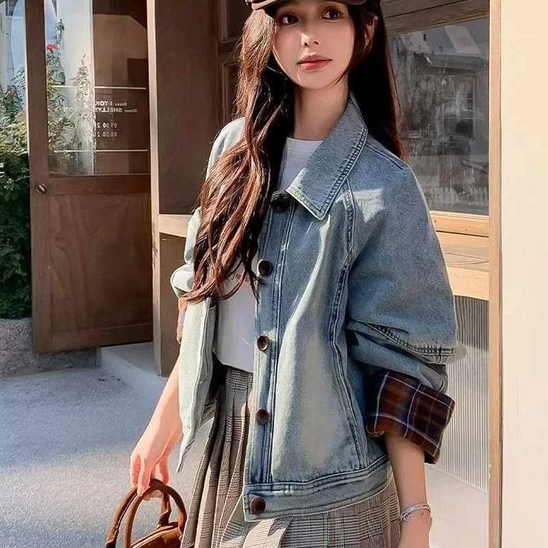 2025春季新款韩版格子拼接袖短款牛仔外套女长袖宽松小个子夹克潮