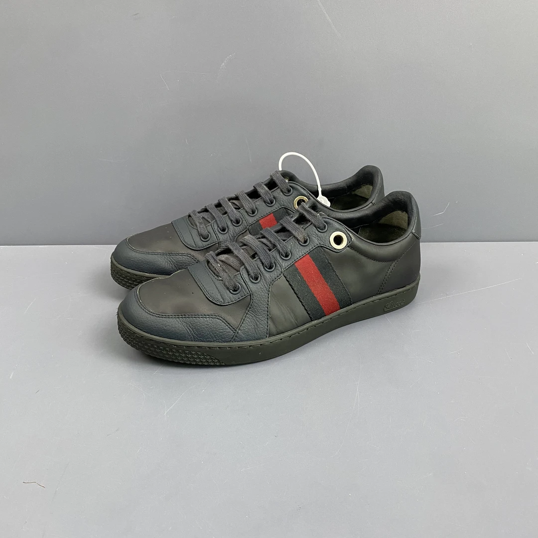95新 GUCCI/古驰 40.5码格纹黑色板鞋内衬磨损休闲鞋鞋舌瑕疵 260