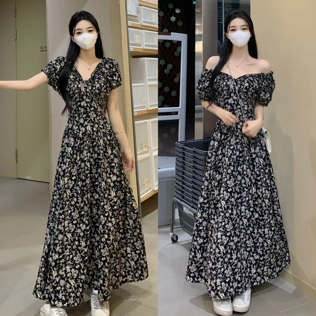 夏季新款法式复古碎花V领收腰显瘦连衣裙女大码胖mm时尚气质长裙