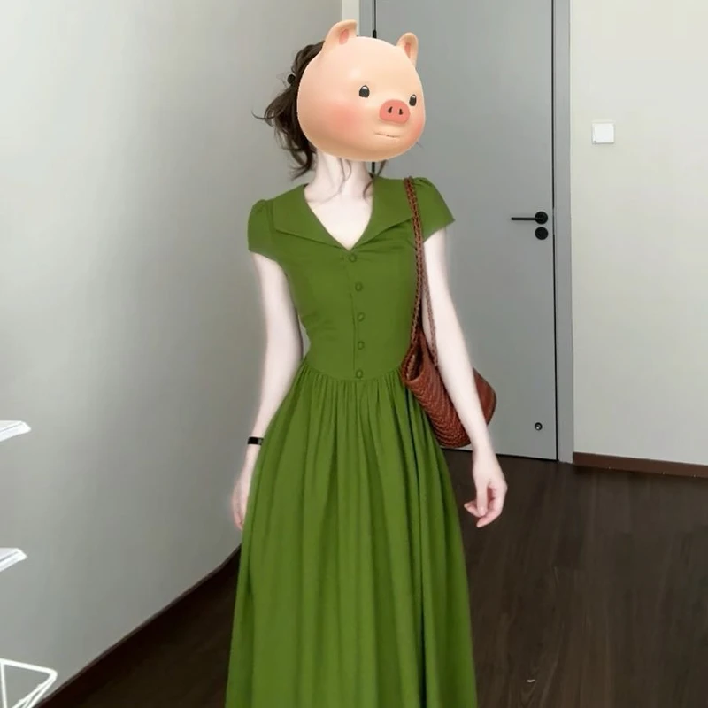 教资面试绿色衬衫连衣裙女夏季2025年新款流行爆款法式高级感长裙