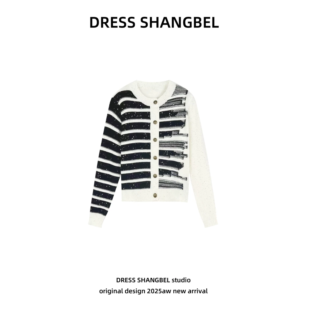 DRESS -秋季新款C74设计师气质轻奢小香风撞色毛针织开衫5963H