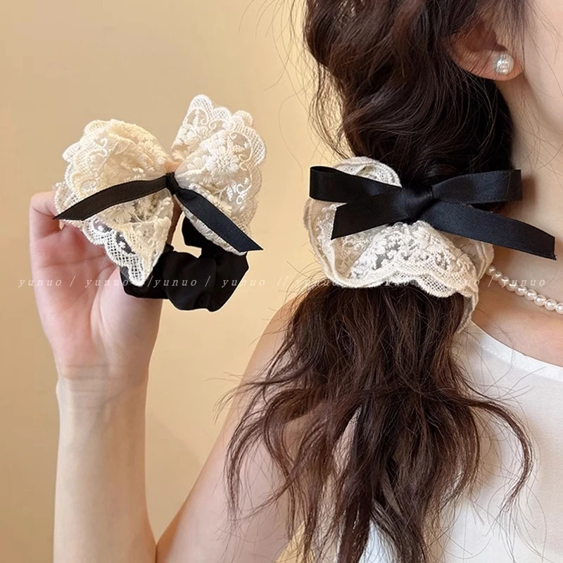法式温柔蕾丝蝴蝶结大肠发圈头绳女2025新款扎头发皮筋甜美低马尾