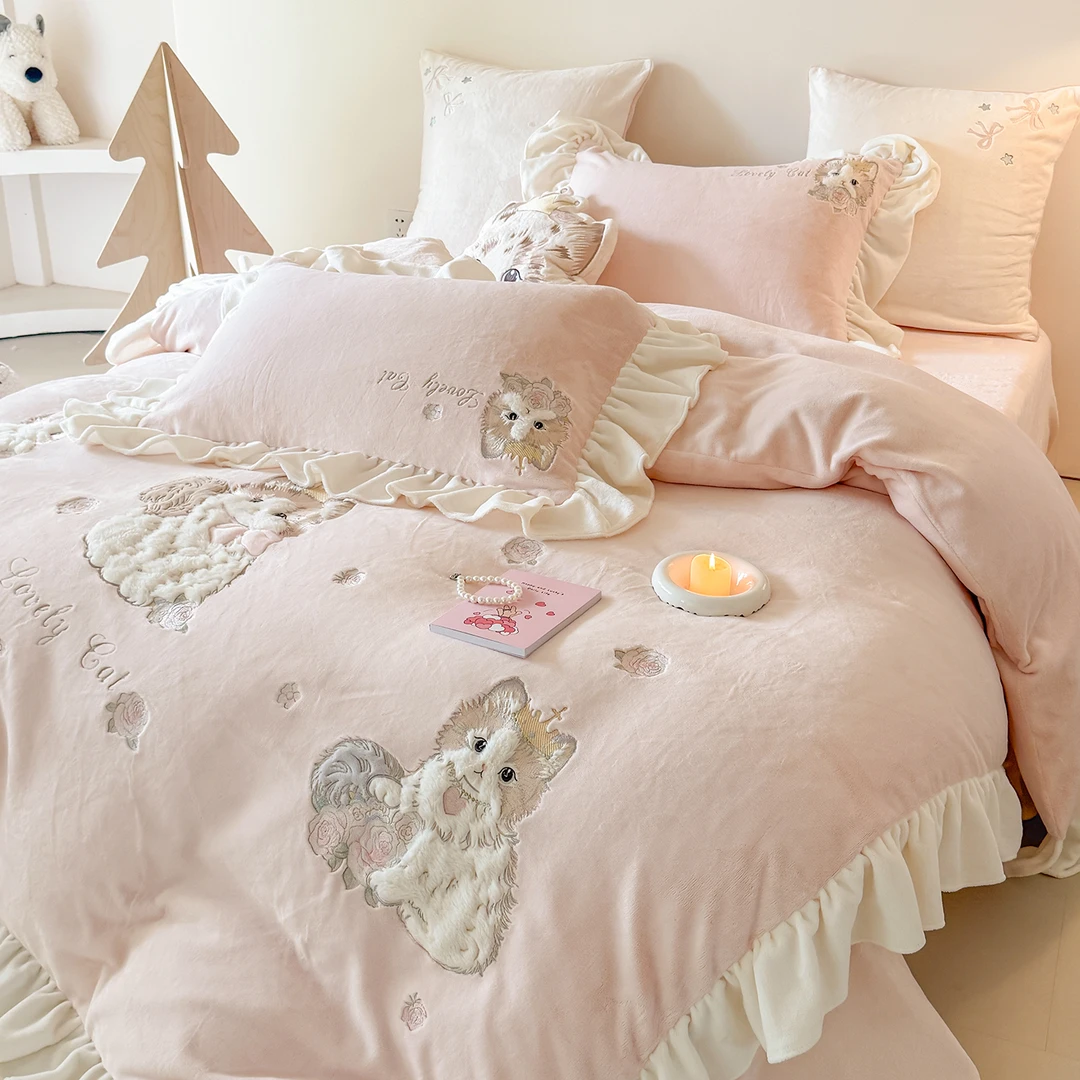 冬季卡通少女猫咪加厚牛奶绒四件套珊瑚绒被套床单公主风床上用品
