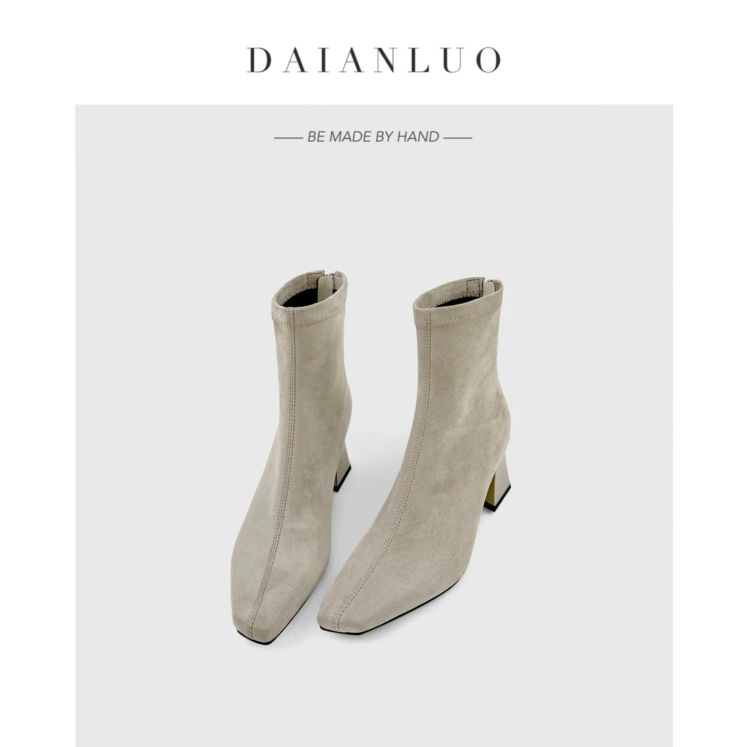 【跟高6cm】秋冬新款百搭瘦瘦靴方头高跟短靴女粗跟弹力靴显瘦袜靴