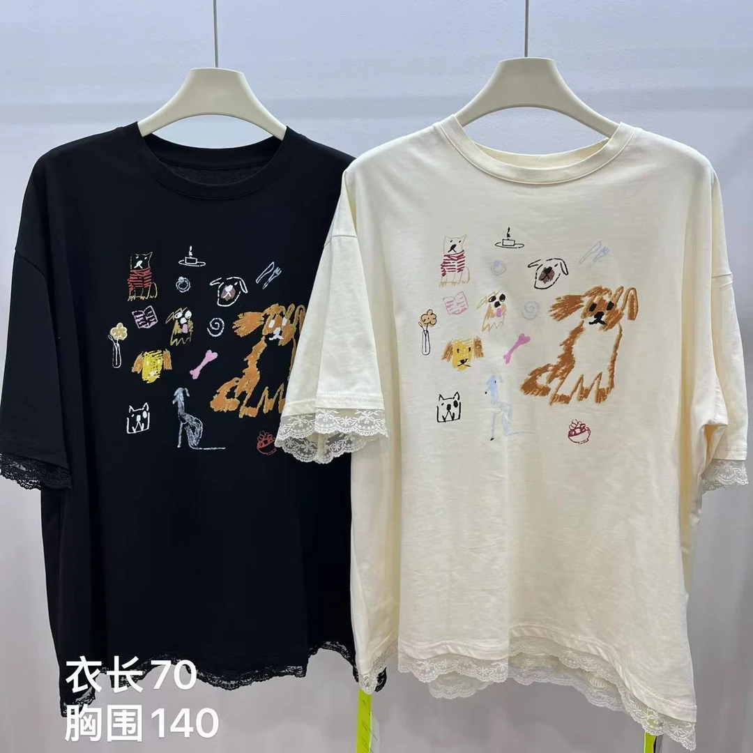 MOMO甜酷风卡通印花短袖蕾丝上衣2401