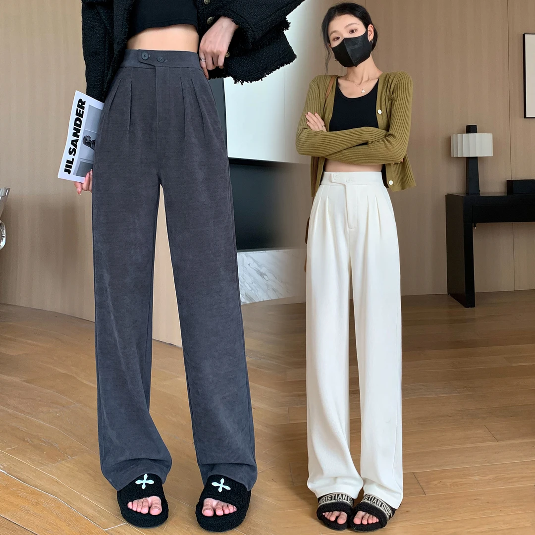 加绒加厚设计感双斜扣软糯阔腿裤2024秋冬款保暖巨百搭直筒裤201