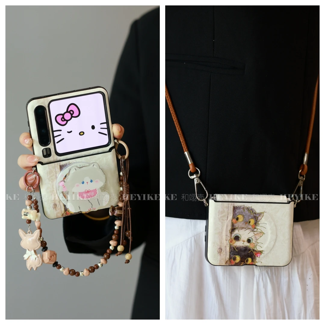 韩系咖啡猫咪适用华为purax手机壳磁吸magicvflip2斜挎pocket2新