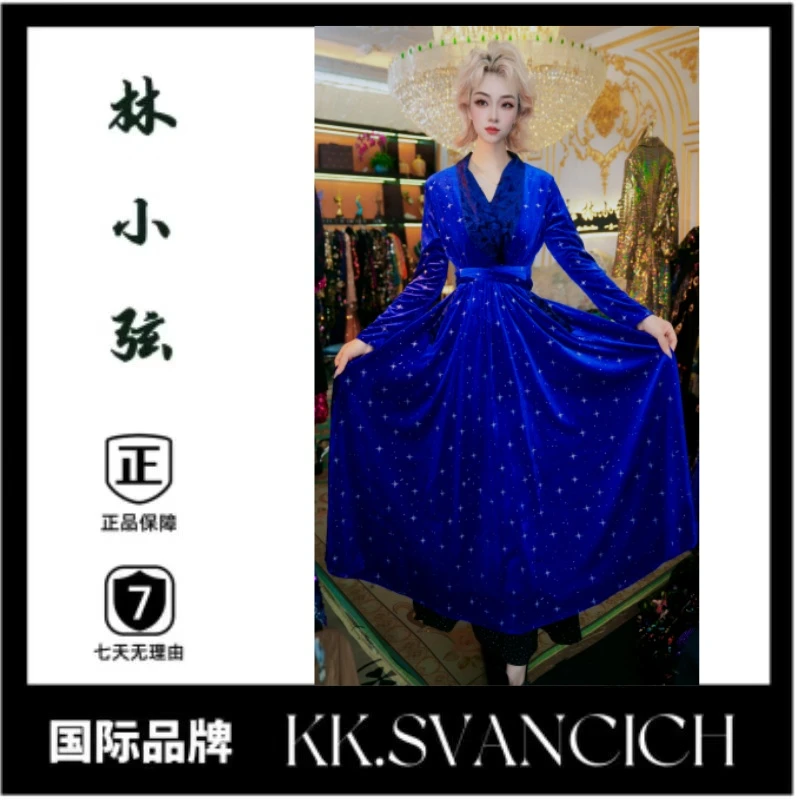 863蓝色长裙大摆裙2025新款妈妈装大码裙女显高显瘦大长裙晚礼服