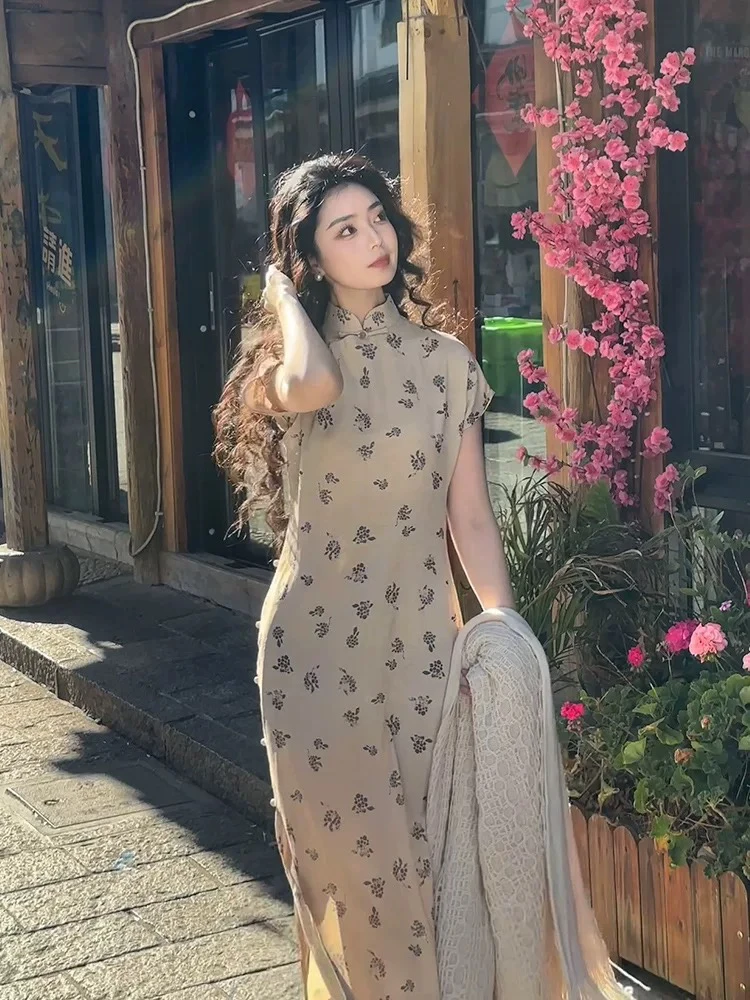 素采｜如愿2025春夏新款古法全开襟中国风显瘦碎花旗袍气质中式裙