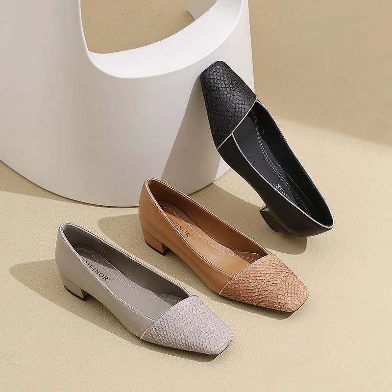 AMEINOR2025夏季新款鱼纹拼接真皮时尚方头浅口女士单鞋6002
