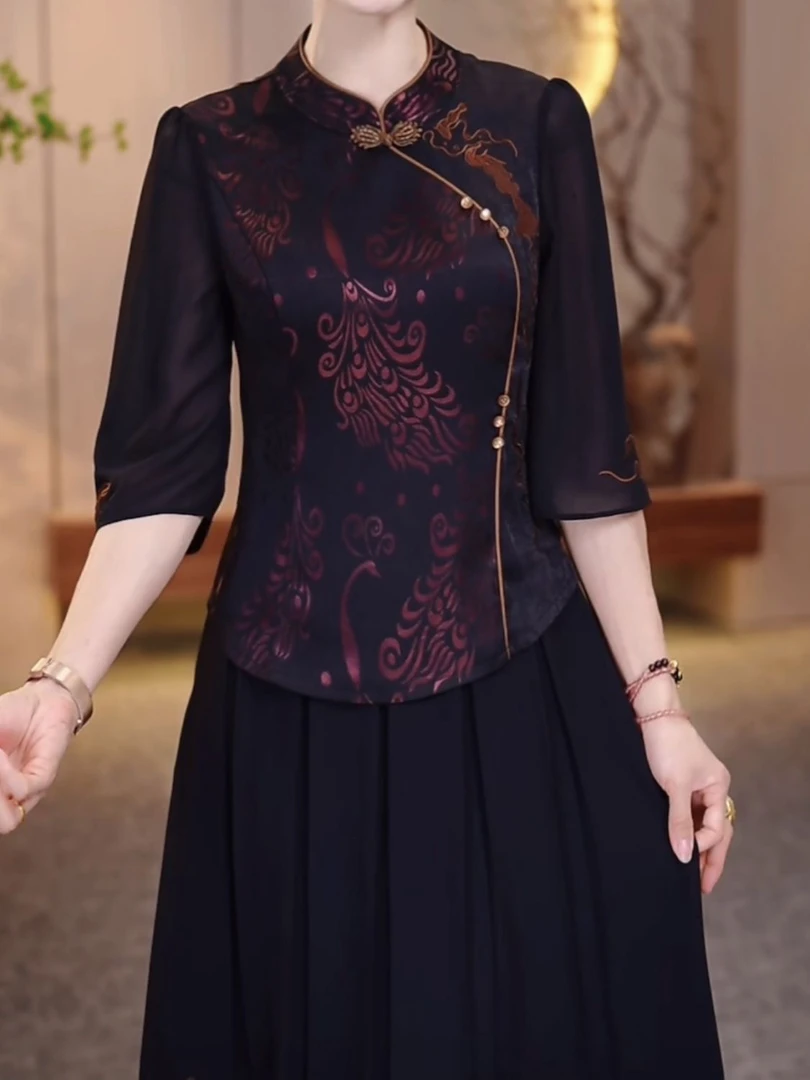 高级珍珠桑波缎时尚气质两件套2025夏季新款中老年上衣裙子套装女