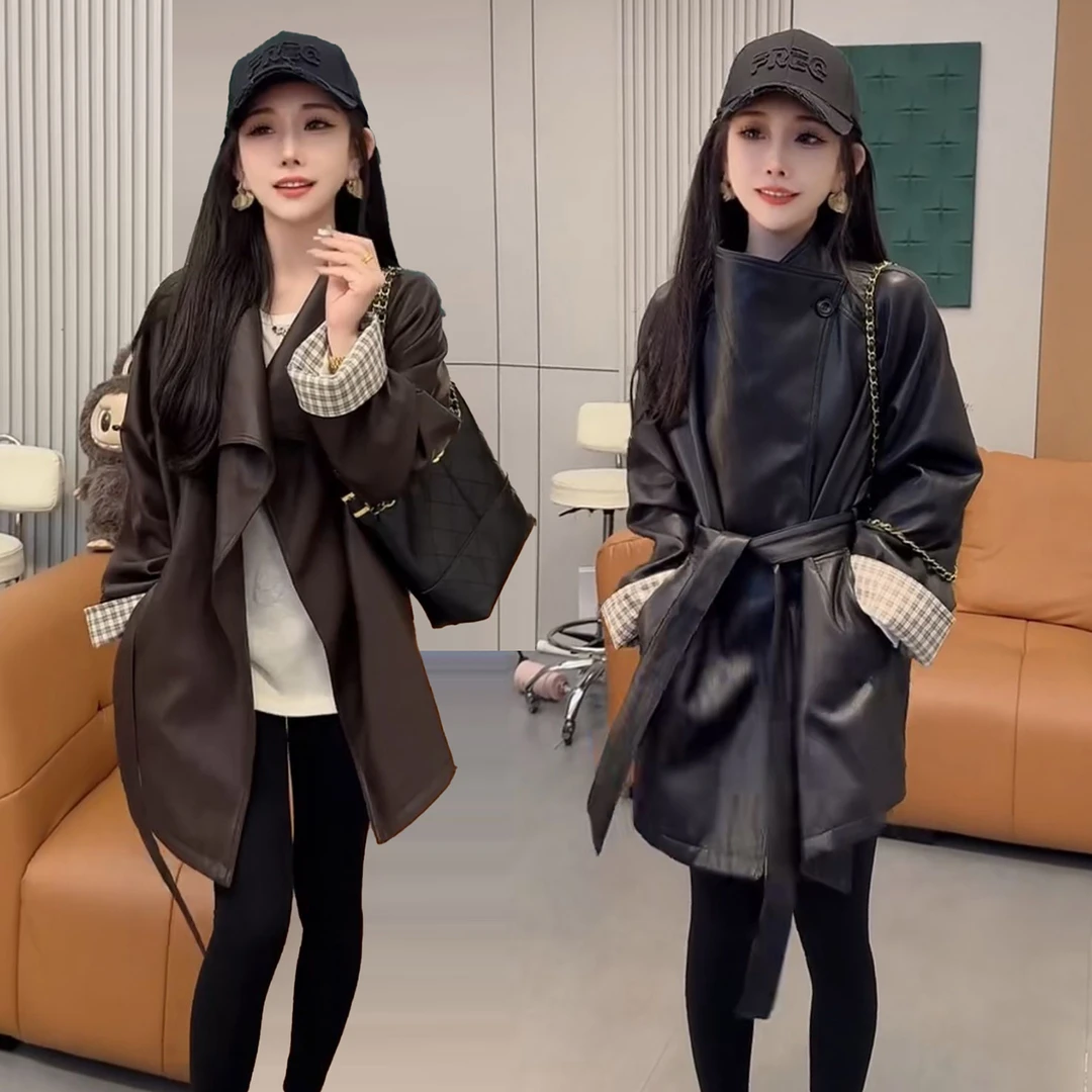 韩版时尚PU皮衣外套女2025春秋季新款高级感大气宽松显瘦百搭风衣