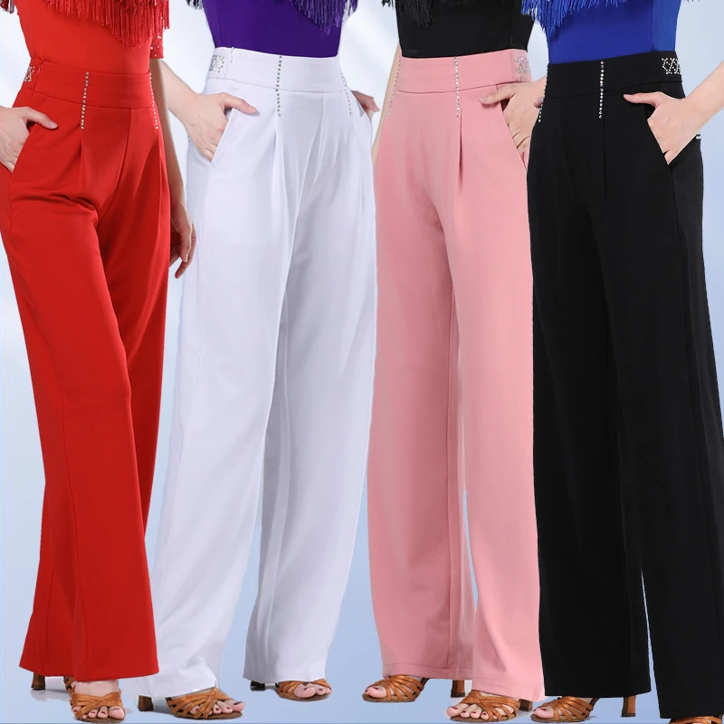 时尚高腰拉丁舞新款女士跳舞裤子烫钻训练演出阔腿直筒摩登舞长裤