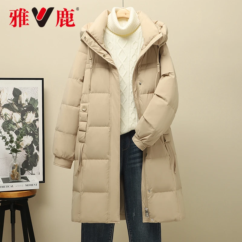 冬季时尚女休闲加厚白鸭绒连帽中长款羽绒服保暖显瘦YMG01Z12860