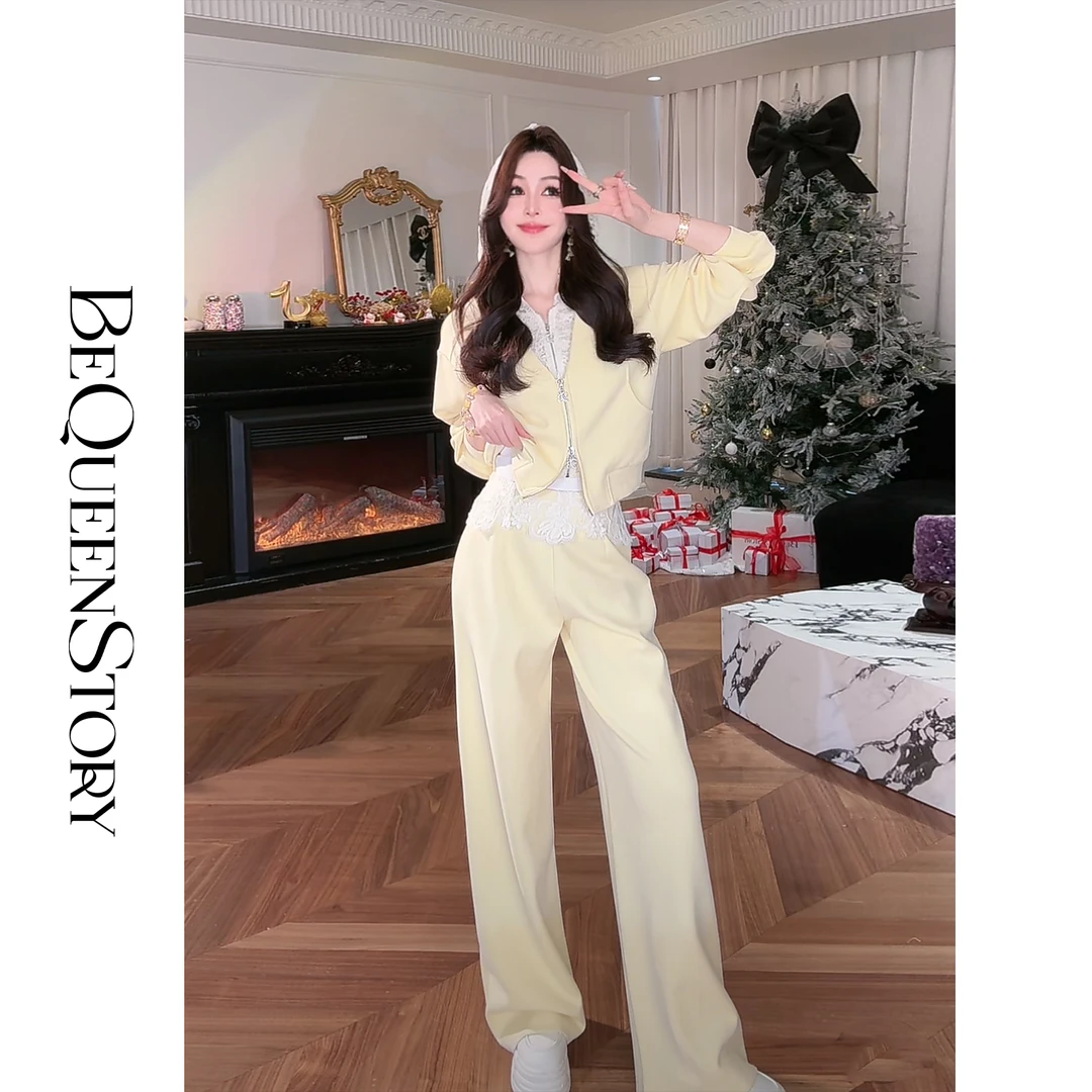 BeQueenStory【浪漫旅行】2025新款蕾丝连帽假两件上衣&直筒裤套装