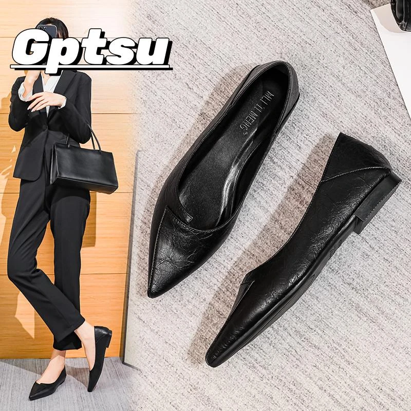 GPTSu职业工装软底工作鞋黑色尖头软皮平底皮鞋舒适面试空姐单鞋