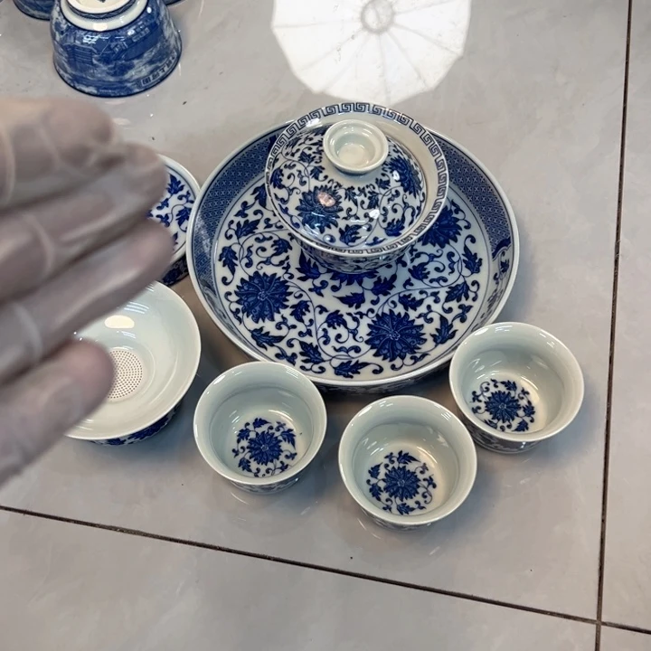 瓷片白青花缠枝莲七件套套装