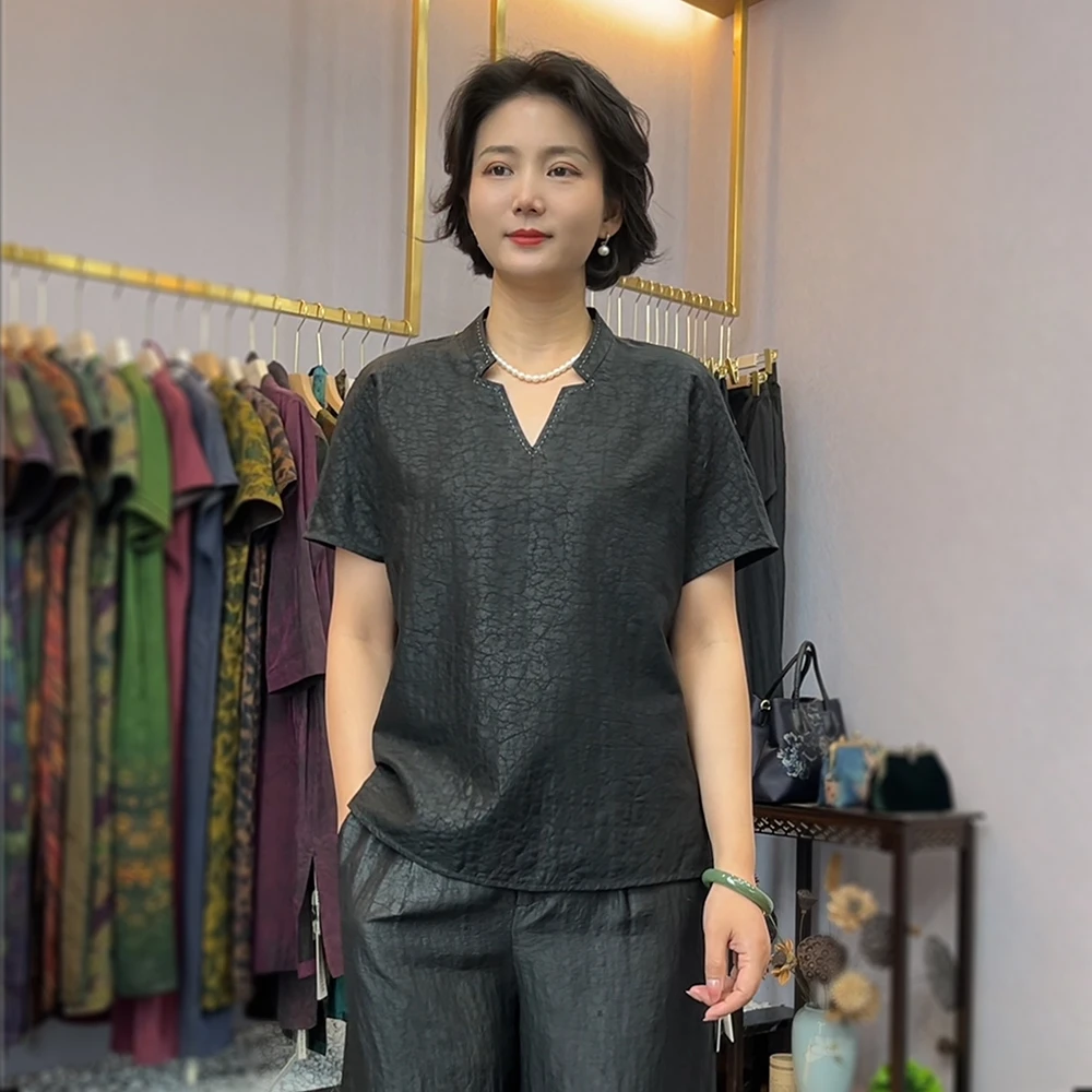 古韵蚕物【99139】香云纱V领100%桑蚕丝双面穿小衫新中式