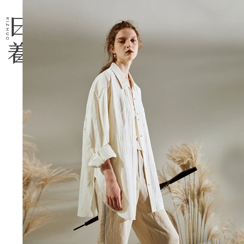 日着寻芒花白长袖衬衫女2025秋季新款全棉拼接肌理感上衣RD8222C0