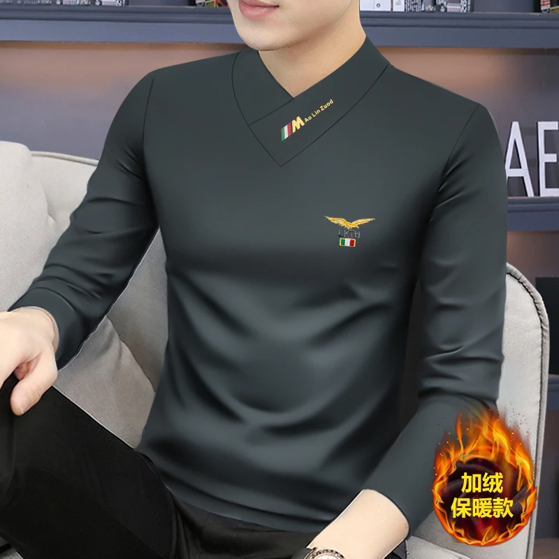 秋冬新款男士加绒长袖t恤v领修身打底衫内搭上衣体恤潮流秋衣保暖