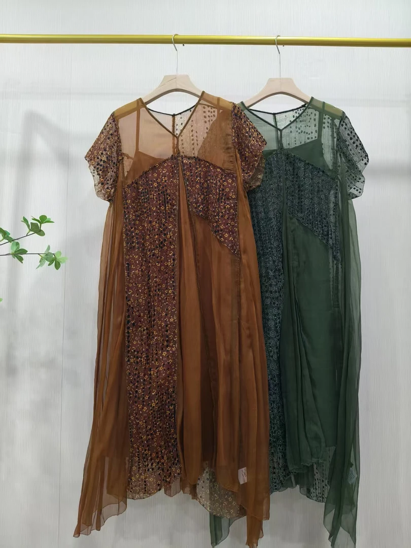 【Hua】2L184夏季新款复古摩登百搭显瘦宽松波点植绒不规则连衣裙