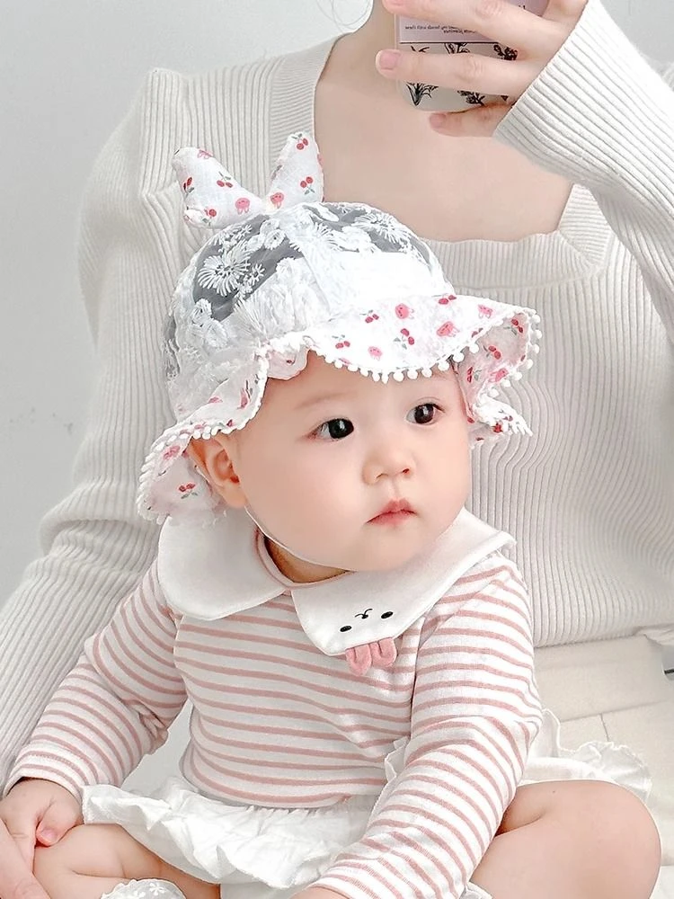 宝宝帽子春夏季薄款透气蕾丝女宝宝公主帽婴儿小月龄遮阳防晒盆帽