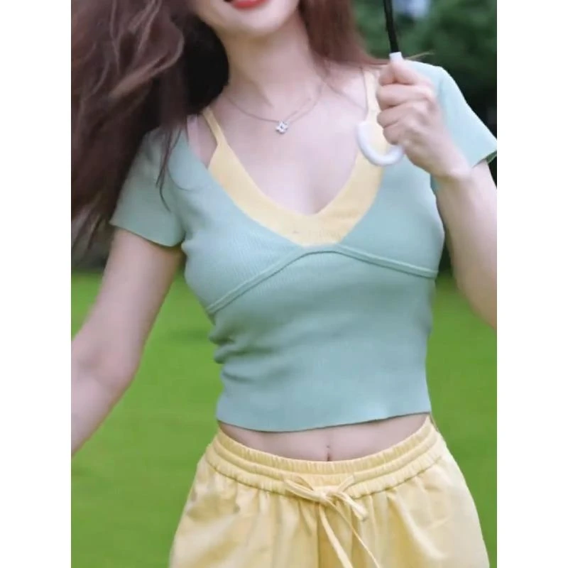 韩系洋气减龄多巴胺修身正肩独特漂亮撞色假两件短袖T恤女2025夏