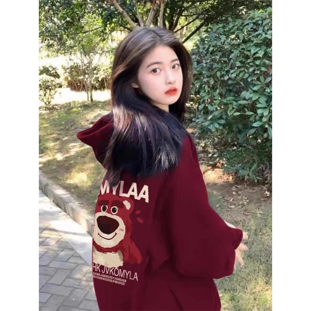 特大码300斤酒红色连帽开衫卫衣男女秋冬薄款草莓熊加绒拉链外套