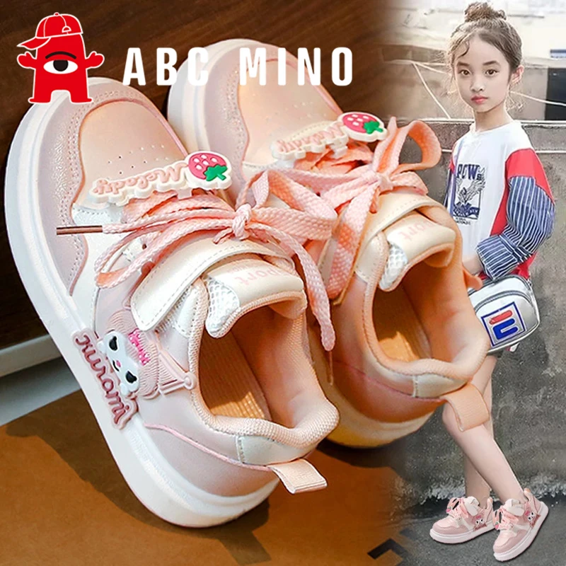 ABC MINO库洛米女童鞋子2025新款秋季儿童运动鞋女孩皮面软底板鞋