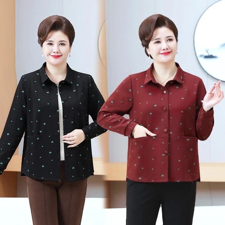洋气装饰图案长袖开衫宽松春装POLO领女透气短外套大码妈妈装休闲